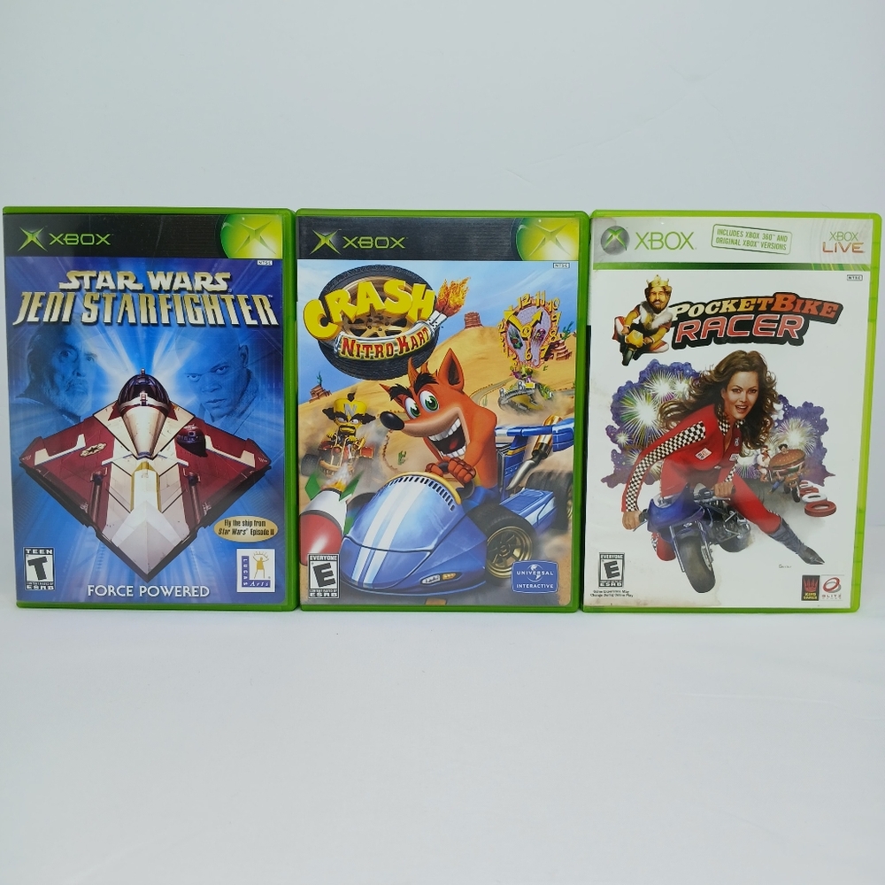 Xbox Game Lot Of 3 Crash Nitro Kart Pocket Bike Racer Star Wars Jedi Starfighter